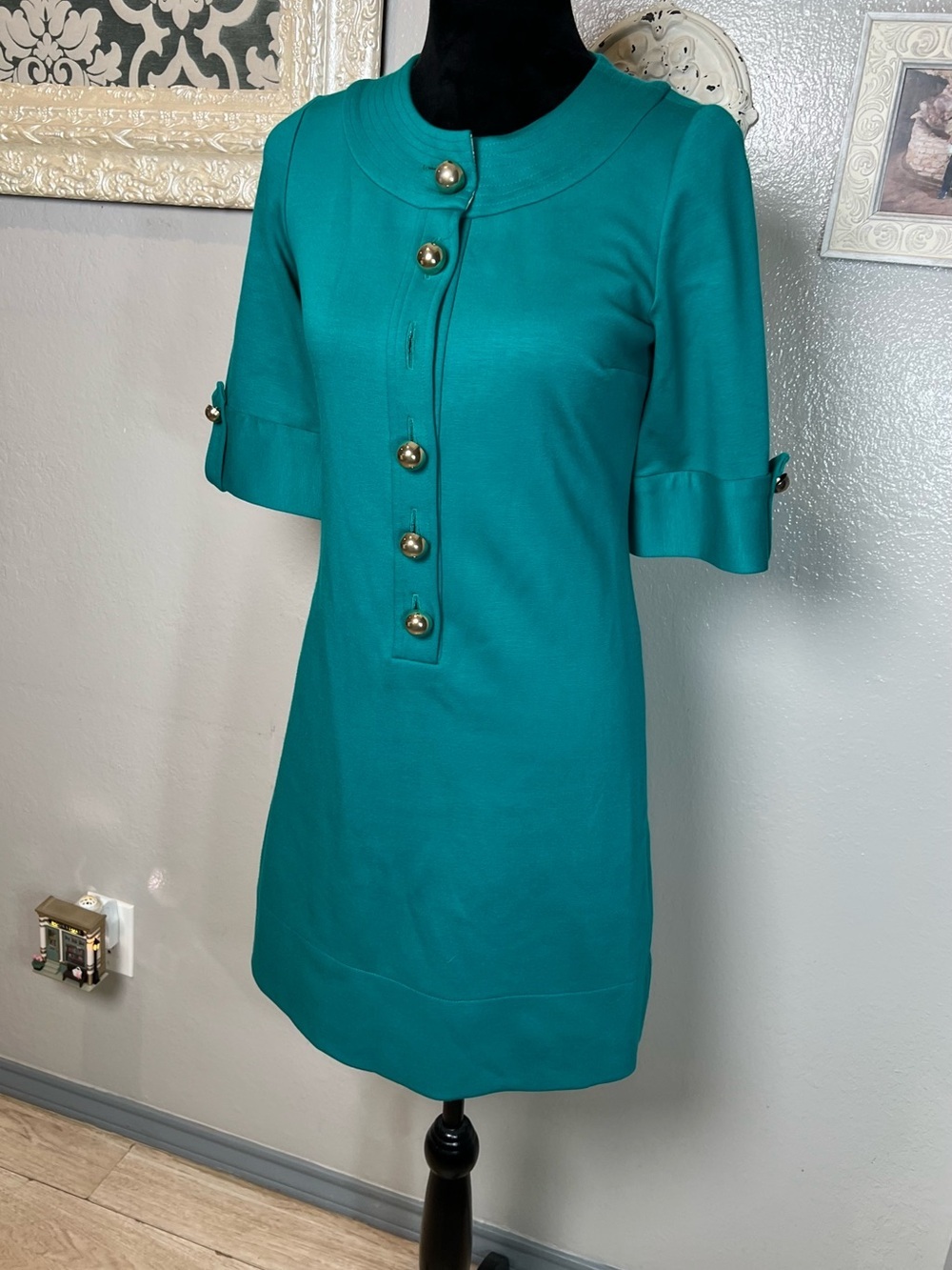 Teal Short Sleeve Button Front Shift Dress - Picture 9 of 12